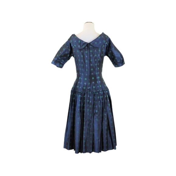 1950s Navy Blue Day Dress Purple Green Geometric Print Size Small - Picture 7 of 14